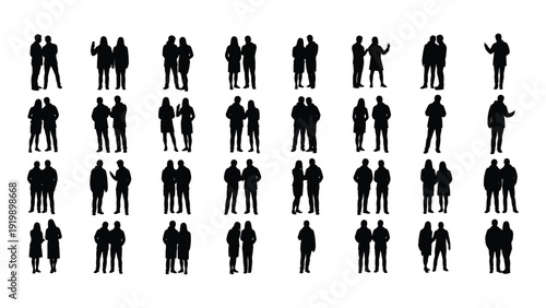 A diverse group of silhouetted figures standing in various poses and formations isolated on white background, Vector