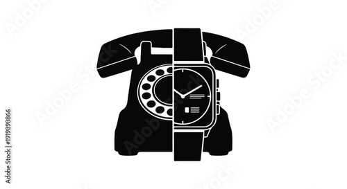 Evolution of communication from vintage rotary phone to modern smartwatch