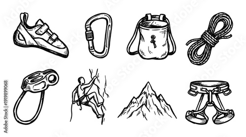 rock climbing, bold style black Hand drawn set collection , white background , vector isolate