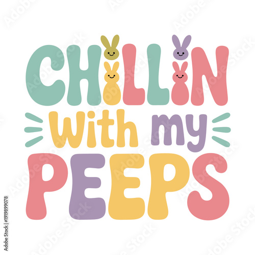 Colorful Easter text with cute bunny faces and pastel colors