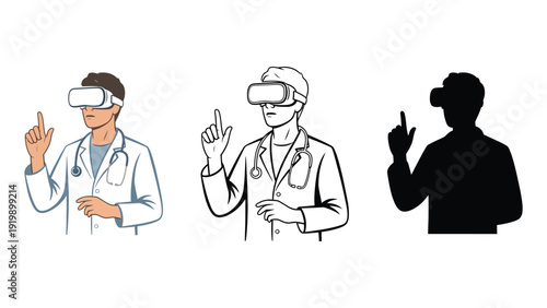 Doctor wearing virtual reality headset in different illustration styles