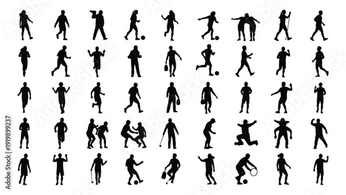 A collection of silhouette images depicting various human poses and activities isolated on white background, Vector