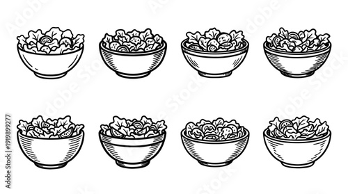 salad bowl, bold style black Hand drawn set collection , white background , vector isolate