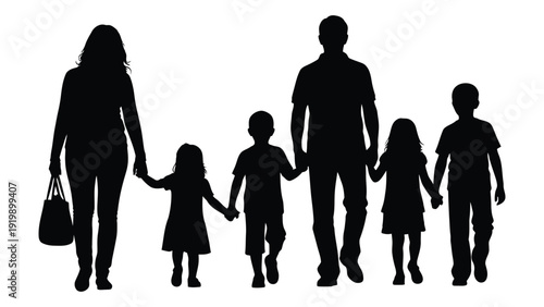 A family of six walking together in silhouette, holding hands and carrying bags. isolated on white background, Vector