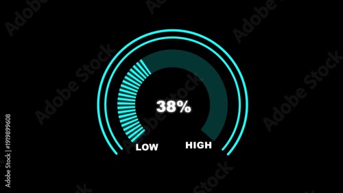 Glowing digital gauges move from high overload to safe low levels, presentation template, moving colorful  indicator, warning message, risk assessment icon from 100 to 0. tension indicator icon.