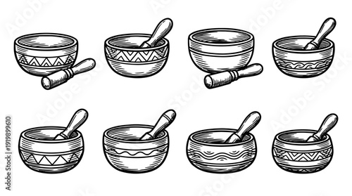 singing bowl, bold style black Hand drawn set collection , white background , vector isolate