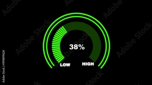 Glowing digital gauges move from high overload to safe low levels, presentation template, needle, indicator, warning message, risk assessment icon from 100 to 0. tension indicator icon.