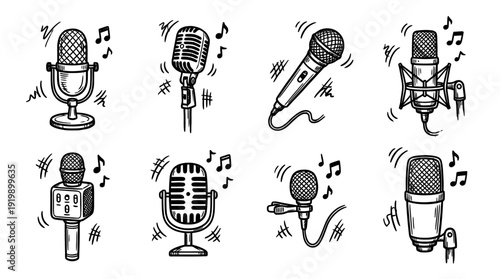 singing microphone, bold style black Hand drawn set collection , white background , vector isolate