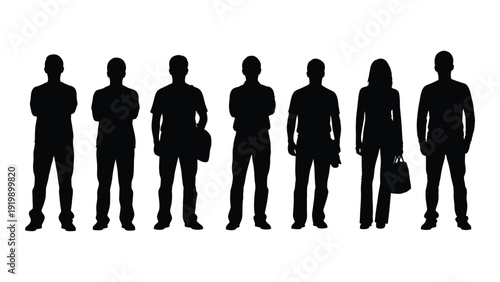 Silhouettes of diverse individuals standing in a line with various accessories isolated on white background, Vector