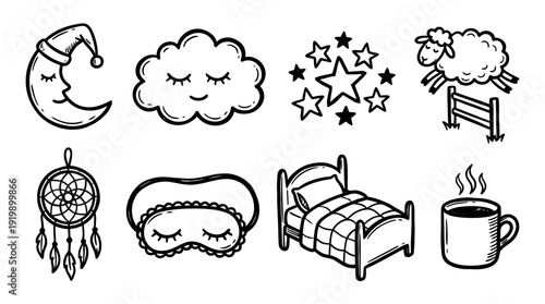 sleepy dream, bold style black Hand drawn set collection , white background , vector isolate