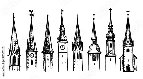 spire, bold style black Hand drawn set collection , white background , vector isolate
