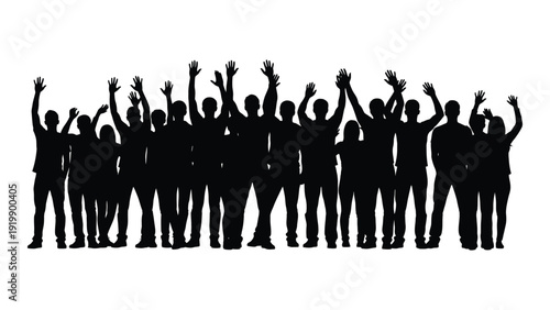 Diverse group of people celebrating together with raised hands in silhouette isolated on white background, Vector