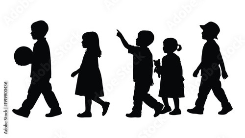 Silhouettes of children walking together in a line holding hands isolated on white background, Vector