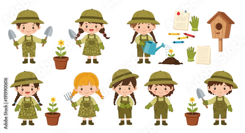Collection of cute cartoon children dressed as gardeners with planting tools and accessories