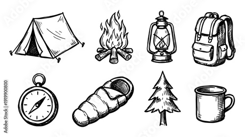 tent camping, bold style black Hand drawn set collection , white background , vector isolate