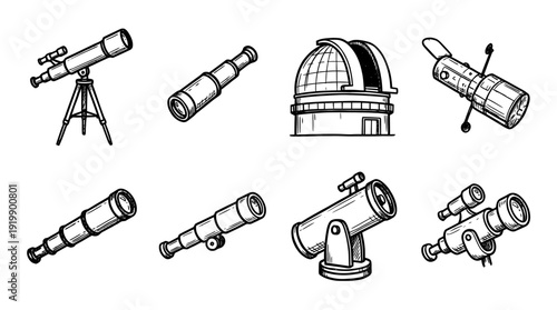 telescope, bold style black Hand drawn set collection , white background , vector isolate