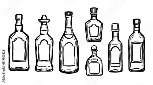 tequila bottle, bold style black Hand drawn set collection , white background , vector isolate