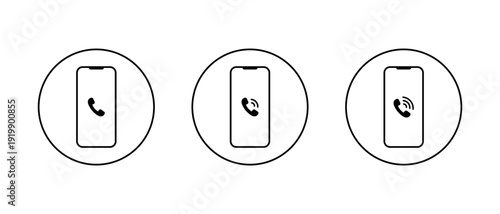 Smartphone call icon set in circular outline. Mobile phone calling symbol. Ringing telephone on cellphone sign