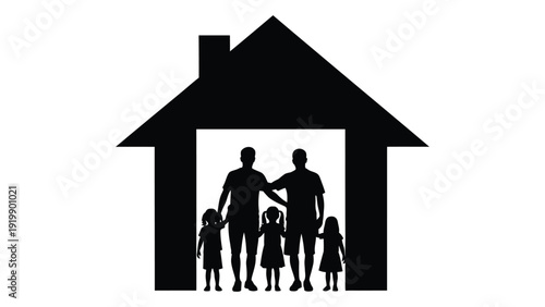 A silhouette of a family standing in the doorway of a house. isolated on white background, Vector