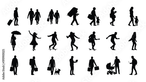 Silhouettes of people walking, dancing, and engaging in various activities isolated on white background, Vector