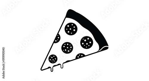 A simple black and white illustration depicts a single slice of pepperoni pizza with melted cheese high quality