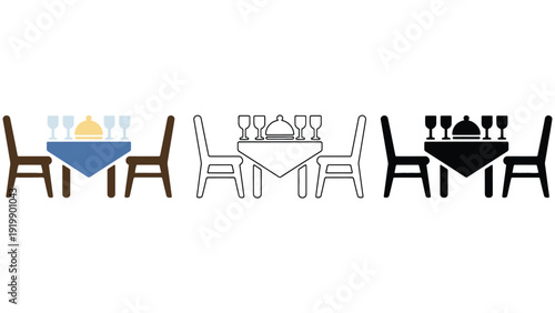 Table icon set with different colored dining table silhouettes and illustrations