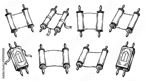 torah scroll, bold style black Hand drawn set collection , white background , vector isolate