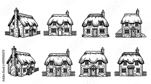 traditional cottage, bold style black Hand drawn set collection , white background , vector isolate