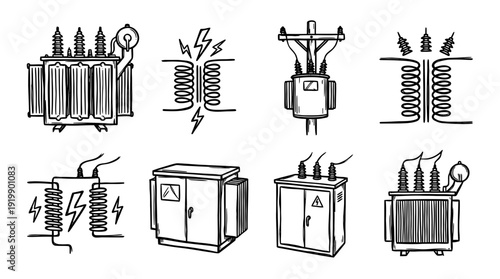 transformer high voltage, bold style black Hand drawn set collection , white background , vector isolate