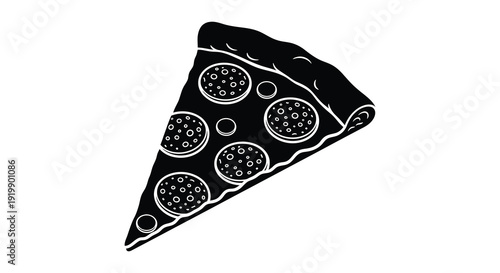 A stark black and white illustration depicts a single slice of pizza adorned with pepperonis and a thick crust
