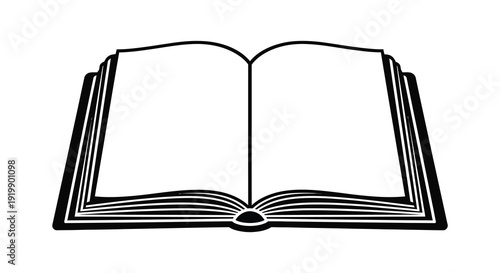 A simple black and white line drawing depicts an open book with blank pages suggesting knowledge or storytelling
