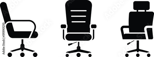 Silhouette office chair icons, ergonomic design with wheels, high backrest, cushioned seat, modern furniture workplace illustration artC