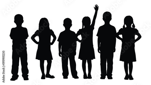 Silhouettes of children standing in a line with one raising their hand isolated on white background, Vector