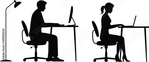 Silhouette office workers at desks using computers, modern workspace setup with laptop, 