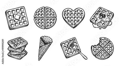 waffle, bold style black Hand drawn set collection , white background , vector isolate