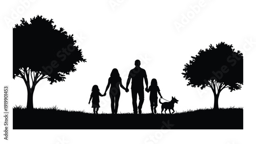 Family with dog walking in a park on a sunny day. isolated on white background, Vector