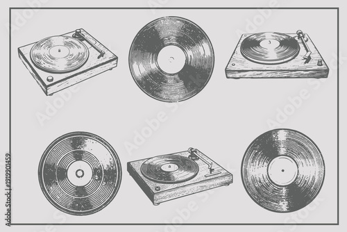 Realistic vinyl records with photocopy effect. Vintage vinyl records, gramophone discs Grunge punk dotted stickers for collage, modern retro vector illustration for poster, print, music cover.