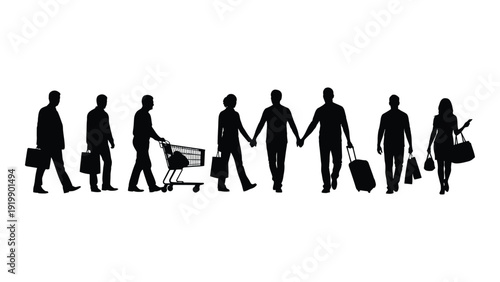 Diverse group of people walking with luggage and shopping bags in silhouette isolated on white background, Vector