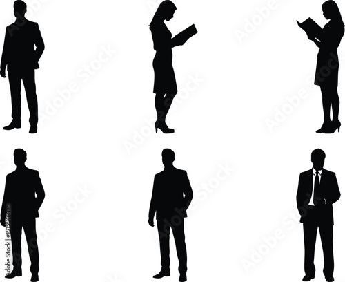 Silhouettes of people in various professional poses and attire
