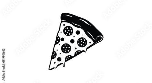 A minimalist black and white illustration depicts a single slice of pepperoni pizza against a white background high quality professional