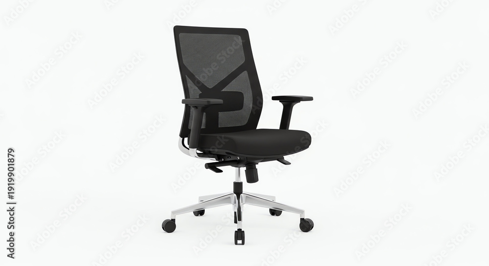 Fototapeta premium Modern ergonomic office chair with adjustable features and mesh backrest for comfortable workspace seating.