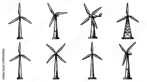 wind turbine, bold style black Hand drawn set collection , white background , vector isolate