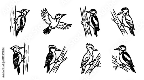 woodpecker, bold style black Hand drawn set collection , white background , vector isolate
