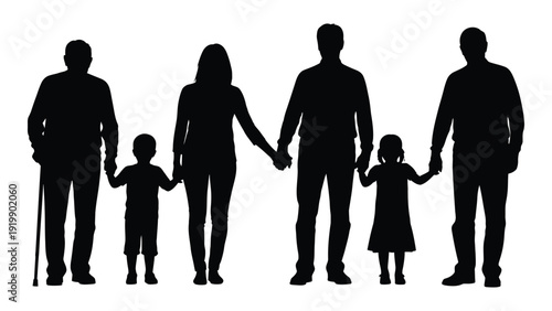 A diverse family of six standing together holding hands in silhouette. isolated on white background, Vector