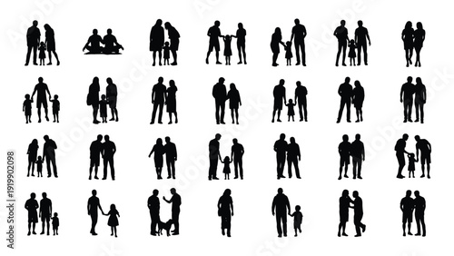 A diverse collection of black silhouettes depicting various human activities and interactions isolated on white background, Vector