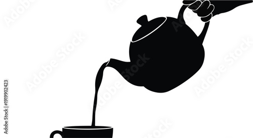 Hand pouring hot beverage from teapot into a cup, simple silhouette.