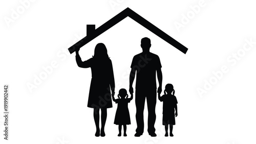 A silhouette of a family of four standing under a roof. isolated on white background, Vector