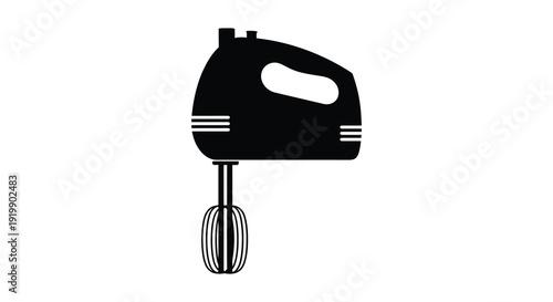 A minimalist black and white illustration depicts a handheld electric mixer commonly used in kitchens for baking
