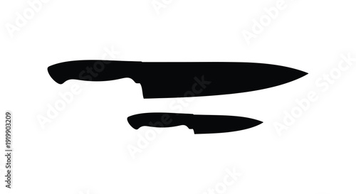 A stark silhouette depicts two knives a larger chef s knife above a smaller paring knife in black