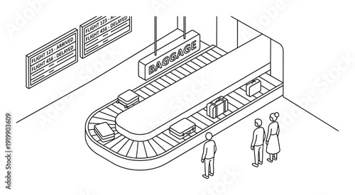 Baggage claim conveyor belt luggage at airport isometric drawing line vector
